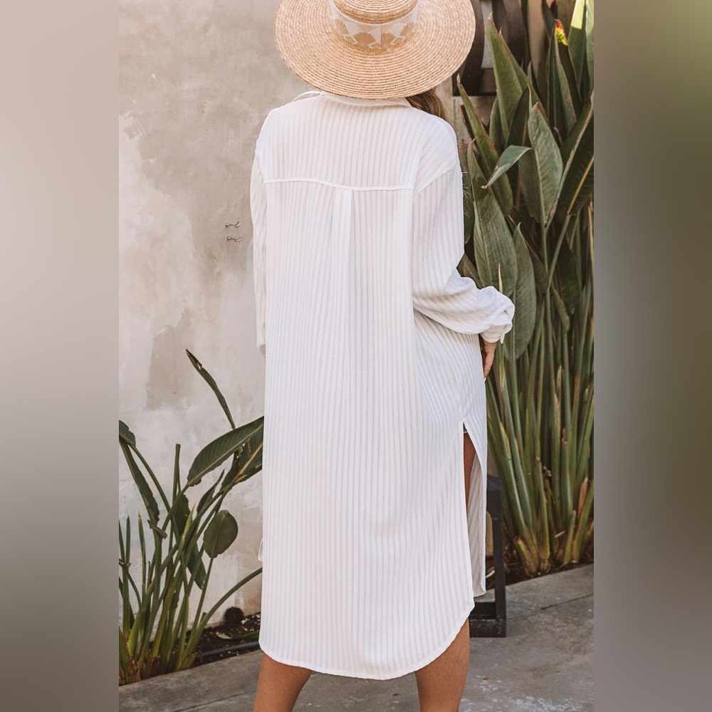 Pool Cover Up/White Striped Crinkle Button Front Cover Up Shirt Dress